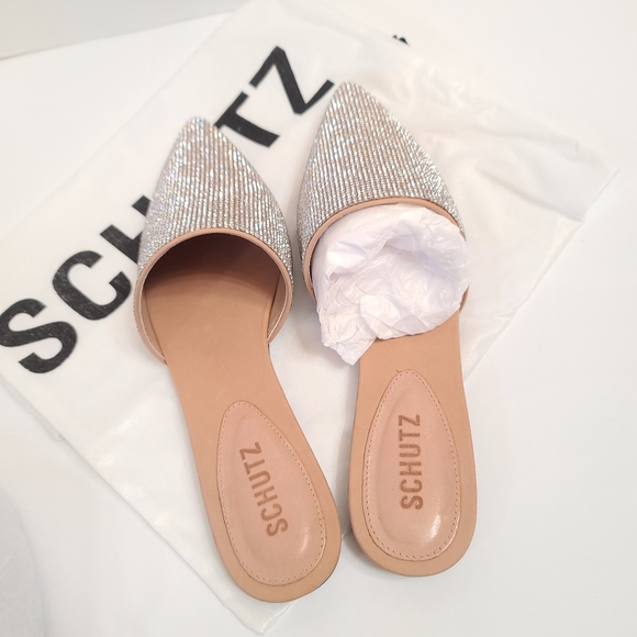 Schutz | Felicie Crystal Flat Mule Slides in Honey Beige Size 7 - Picture 8 of 9